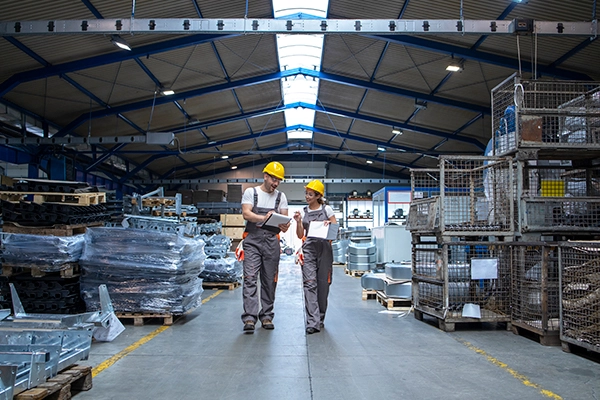 Suministros Industriales Valencia: operarios revisando materiales y equipos en nave industrial.